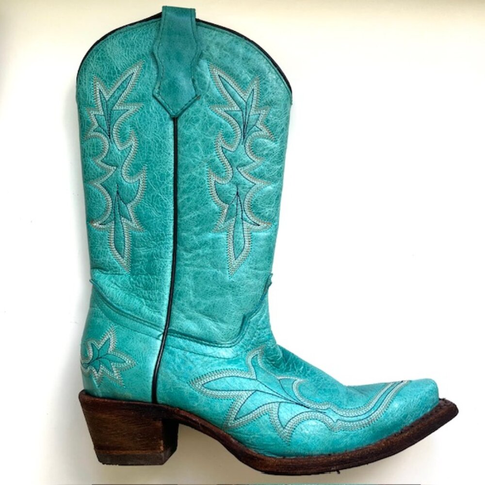 Corral Hand-crafted Embroidered Leather Cowboy Boots in Teal | Women's Size 6 - Picture 6 of 10